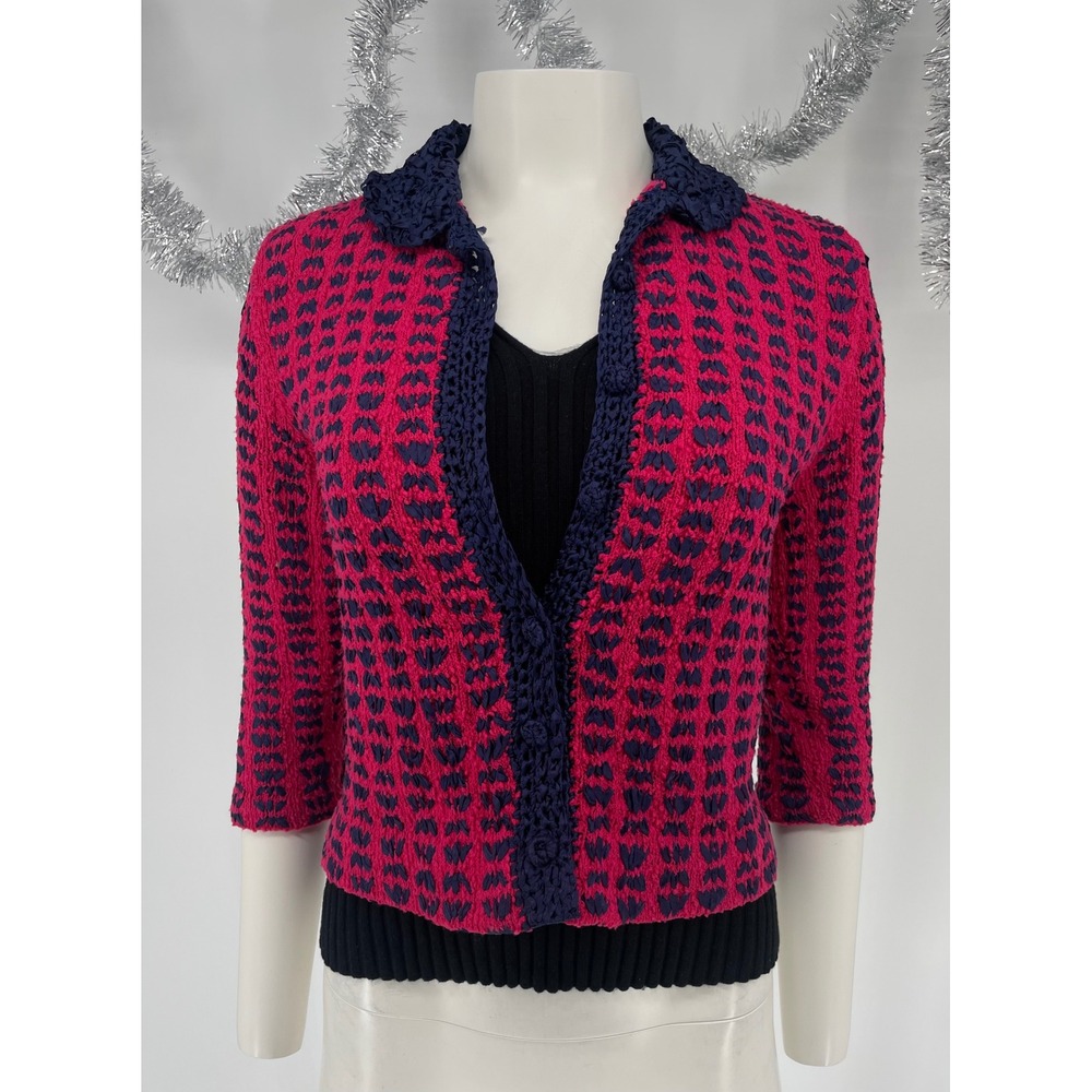 Vintage 1940s Red Navy Ribbon Crochet Jacket XS Openwork Cardigan Handmade